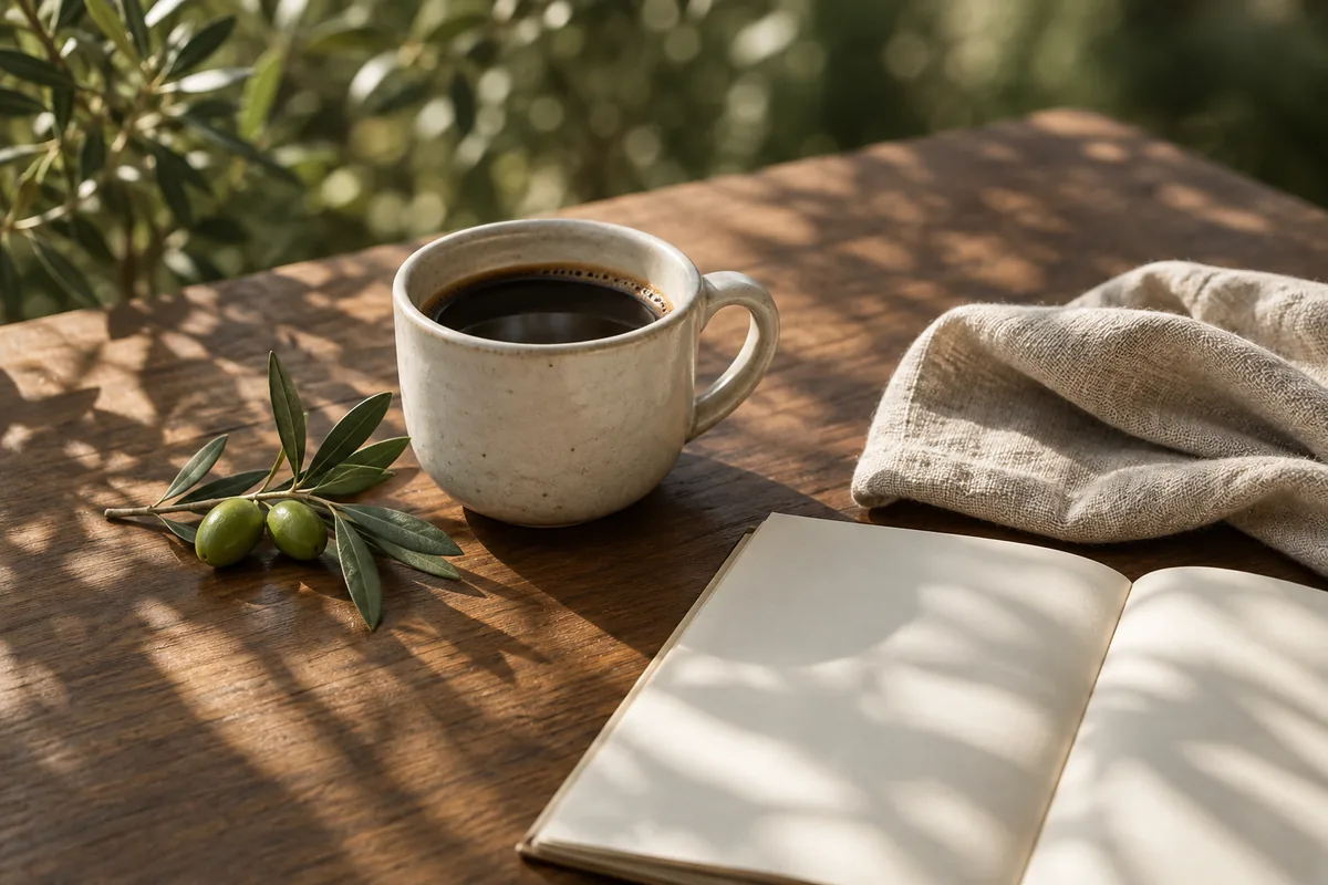 Morning atmosphere study: a coffee cup and notebook on sunlit wood