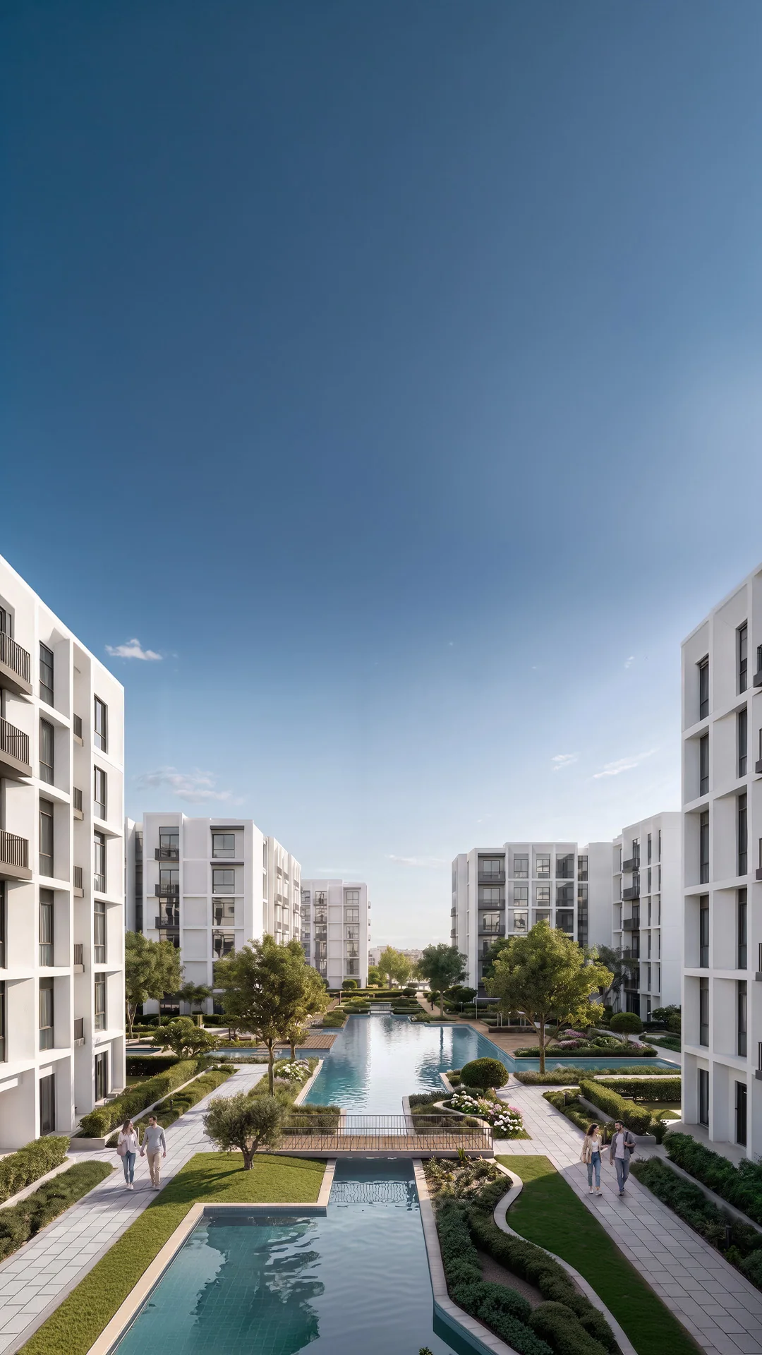 Waterway West architectural visual with residential façades, landscaping and water